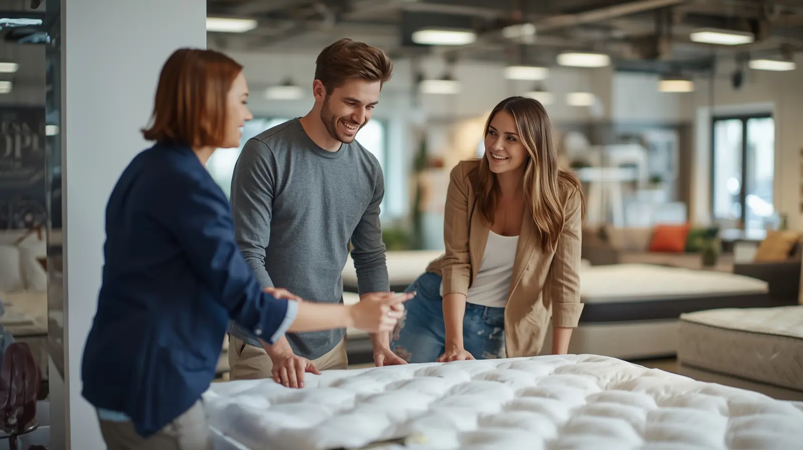 пара выбирает матрас в магазине